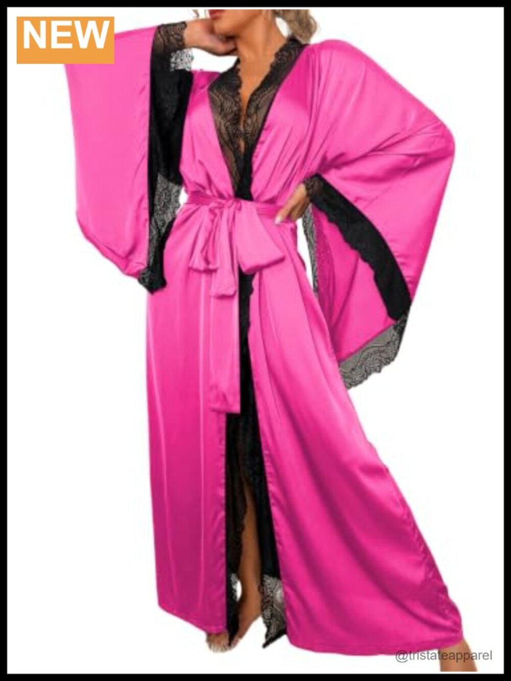 Silk Satin Lace-Trim Long Robe Bell Sleeve Bridal Kimono